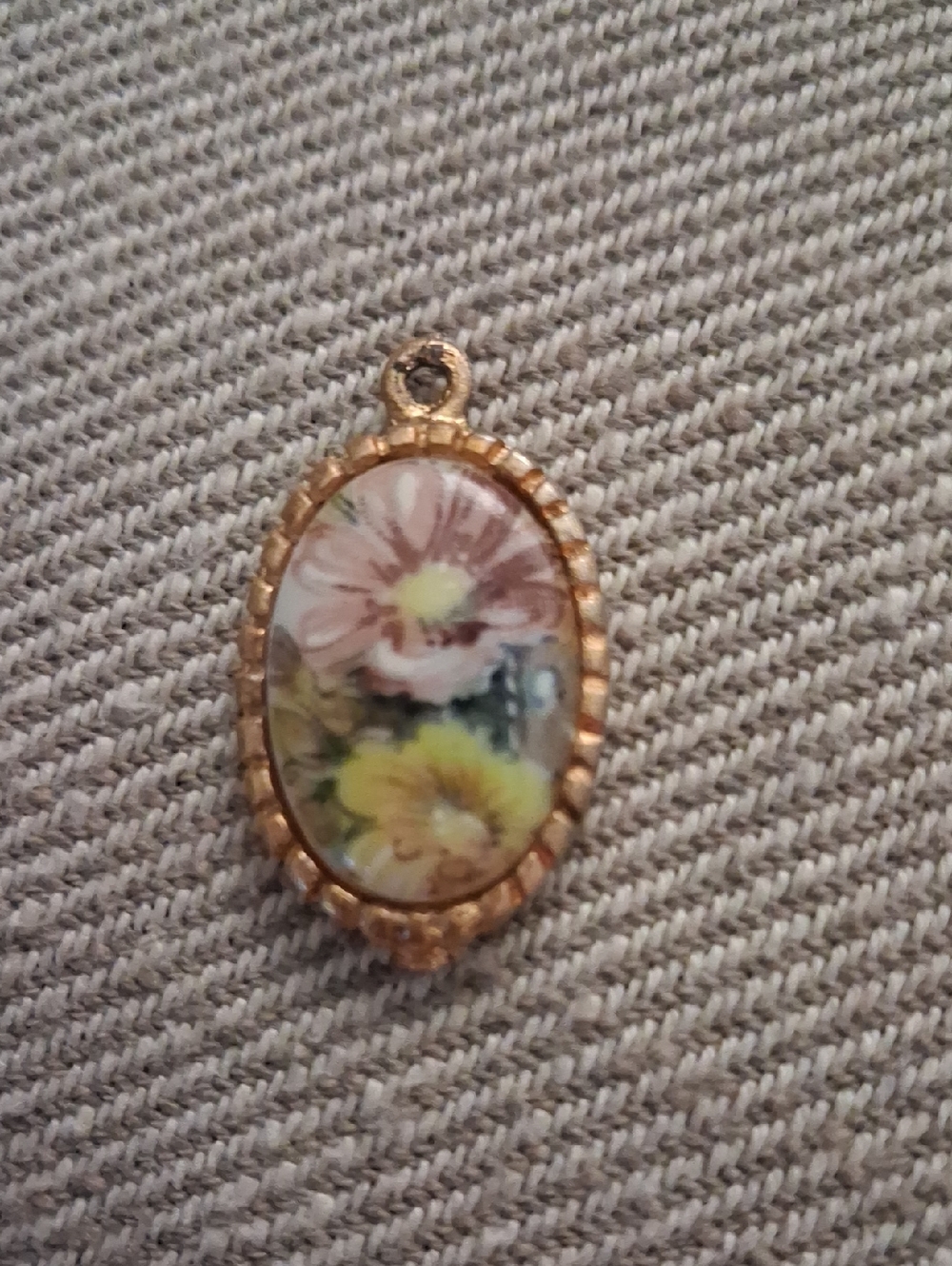 Vintage Floral Porcelain Oval Pendant in Gold Tone - Yellow and Pink